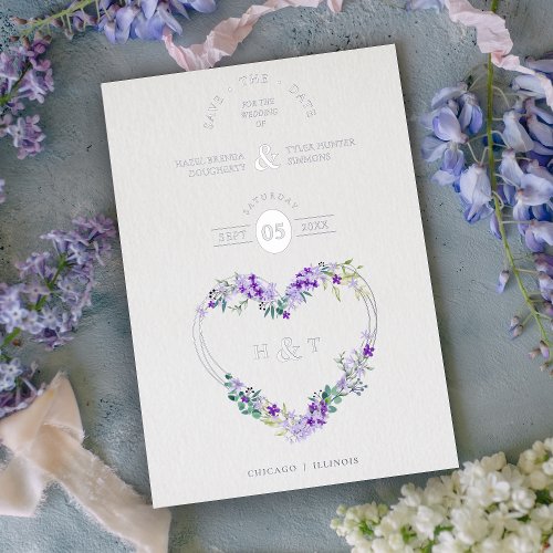 Luxury Romantic Botanical Floral Lavender Heart Foil Invitation