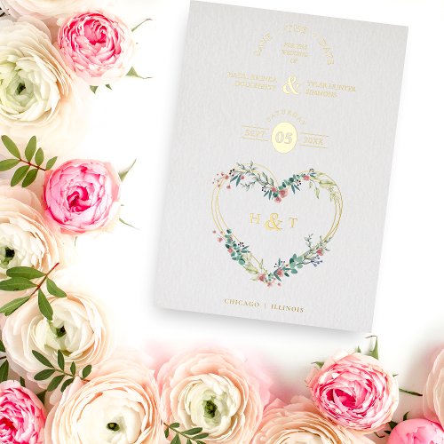 Luxury Romantic Botanical Floral Pink Shades Heart Foil Invitation