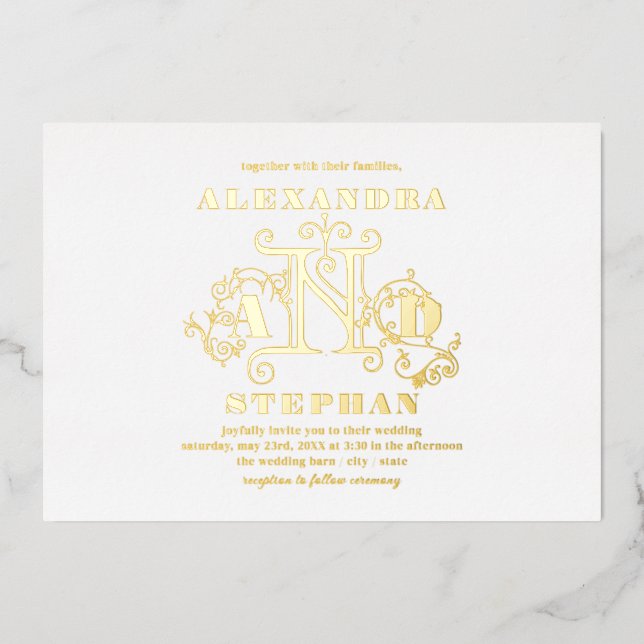 Luxury Romantic Flourish Calligraphy Wedding Gold Foil Invitation (Front)