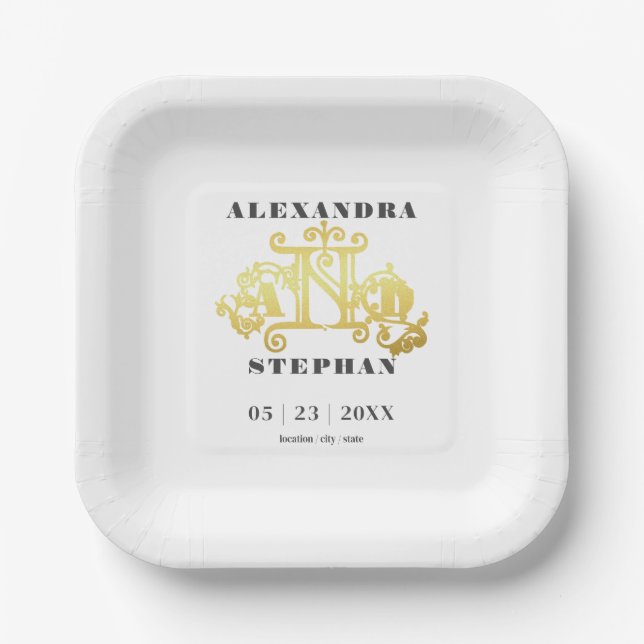 Luxury Romantic Flourish Calligraphy Wedding Gold Paper Plates (Front)