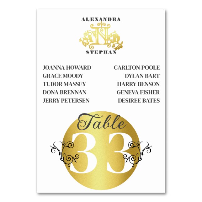 Luxury Romantic Flourish Calligraphy Wedding Gold Table Number (Front)