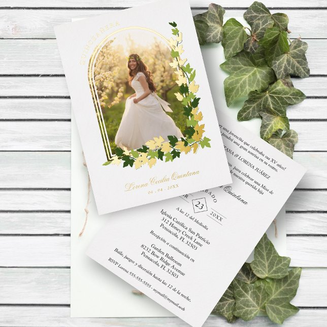 Luxury Romantic Ivy Arch Spanish Quinceañera Photo Foil Invitation (Creator Uploaded)