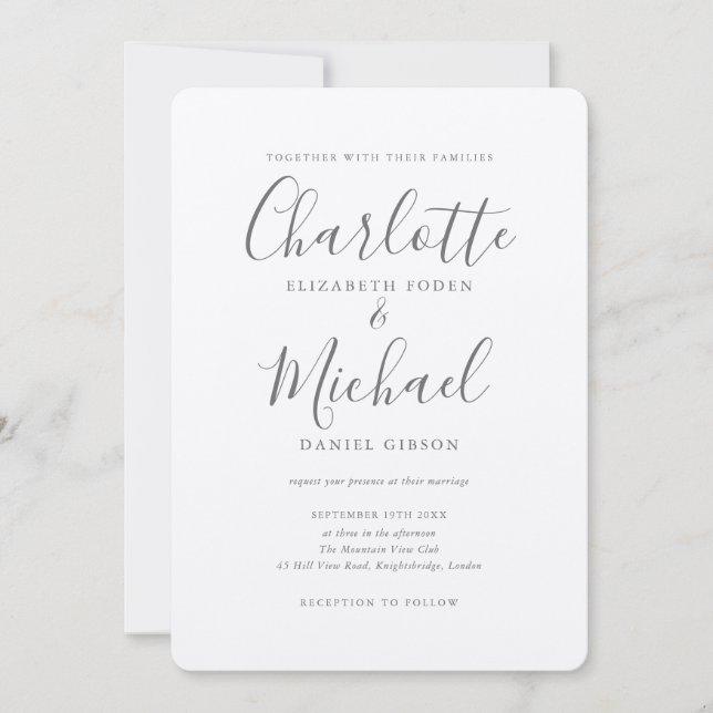 Luxury Romantic Silver Metallic Script Wedding Invitation (Front)