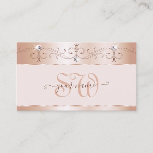 Luxury Rose Coral Ornate Sparkle Diamonds Initials Business Card