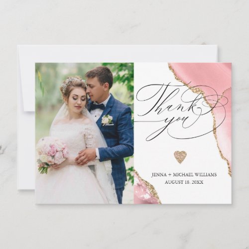 Luxury Rose Gold Agate Glitter Photo Wedding Thank You Card