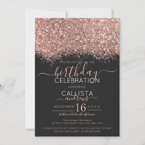 Luxury Rose Gold Black Glitter Confetti Birthday Invitation