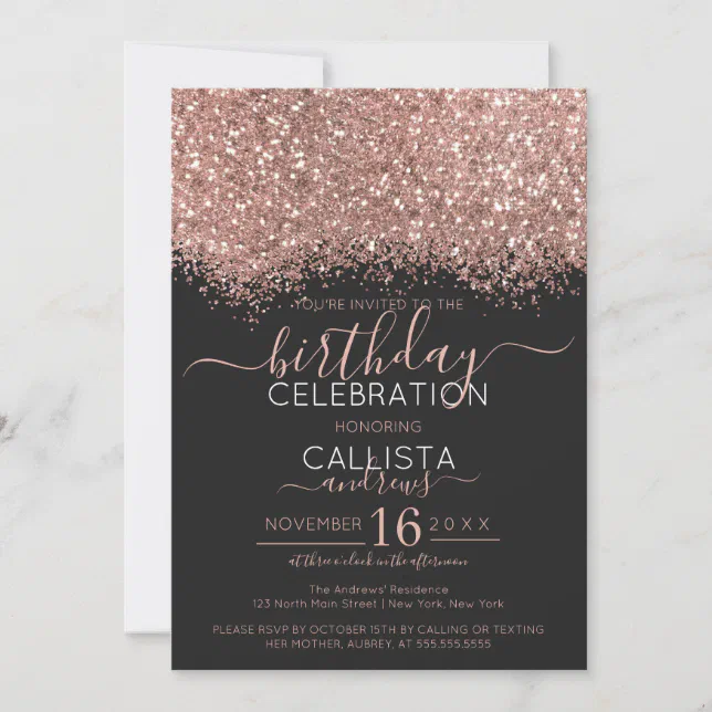 Luxury Rose Gold Black Glitter Confetti Birthday Invitation | Zazzle