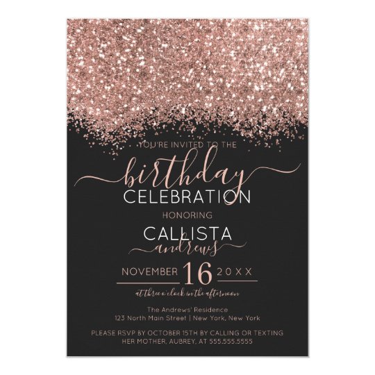 Luxury Rose Gold Black Glitter Confetti Birthday Invitation 