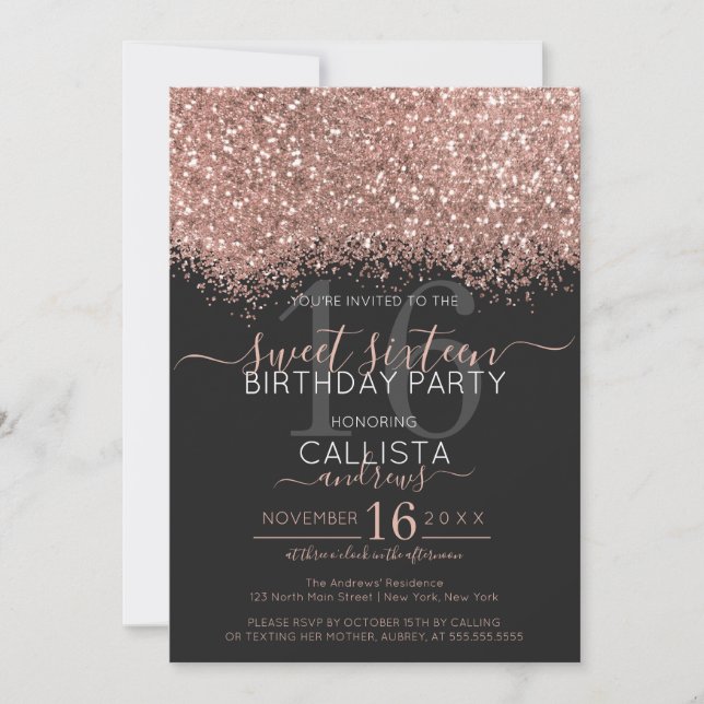 Luxury Rose Gold Black Glitter Confetti Sweet 16 Invitation (Front)