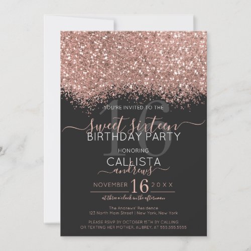 Luxury Rose Gold Black Glitter Confetti Sweet 16 Invitation