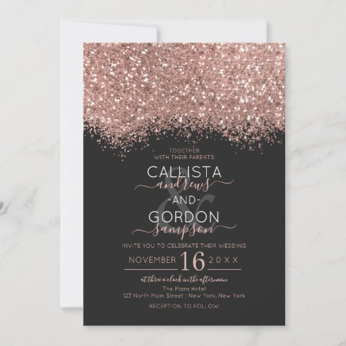 Luxury Rose Gold Black Glitter Confetti Wedding Invitation