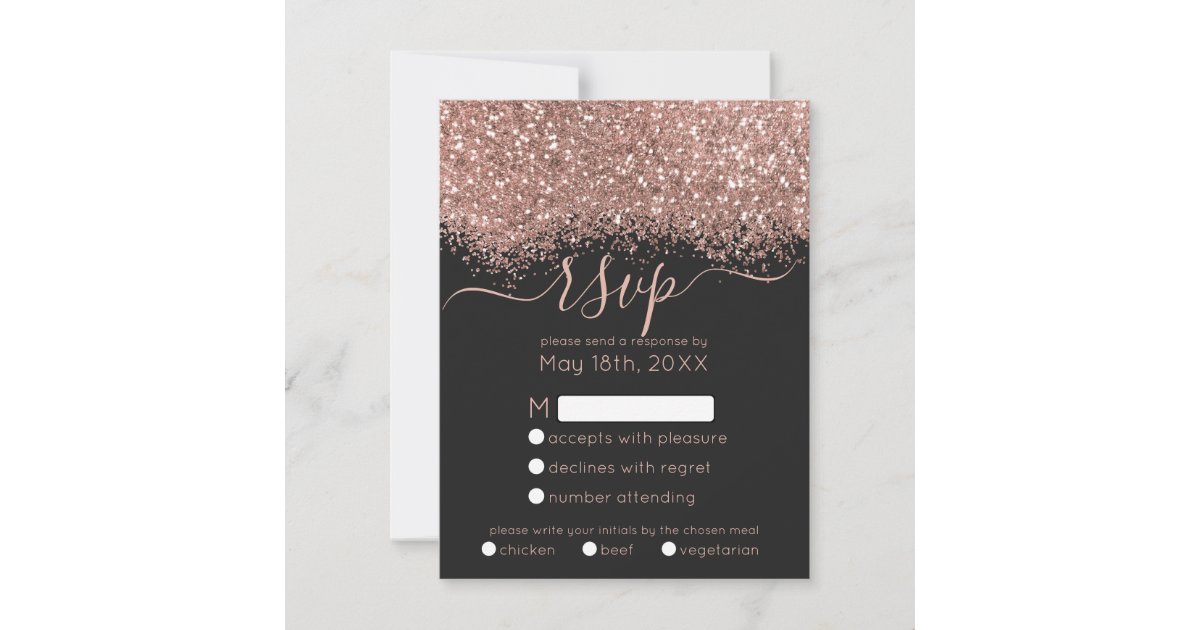 Luxury Rose Gold Black Glitter Confetti Wedding RSVP Card | Zazzle