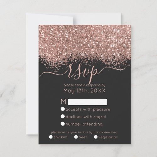 Luxury Rose Gold Black Glitter Confetti Wedding RSVP Card