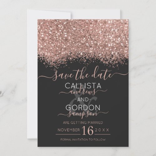 Luxury Rose Gold Black Glitter Confetti Wedding Save The Date