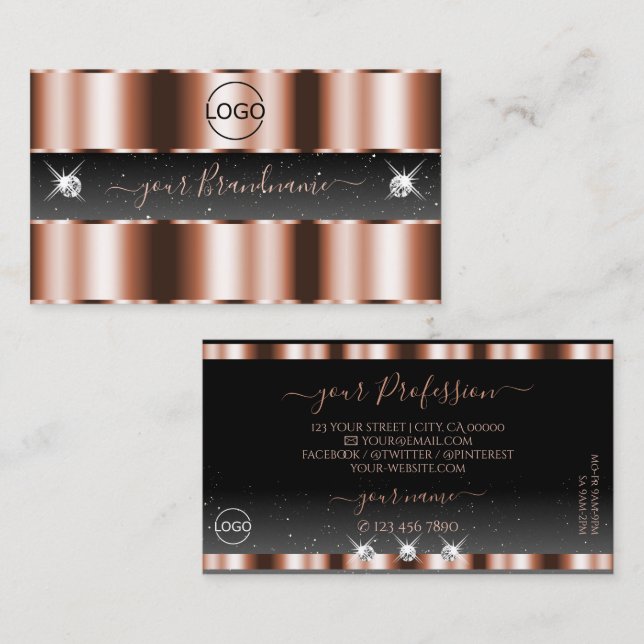 Luxury Rose Gold Black Sparkling Diamonds Add Logo Business Card (Front/Back)