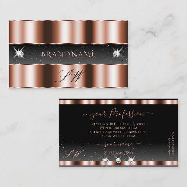 Luxury Rose Gold Black Sparkling Diamonds Initials Business Card (Front/Back)