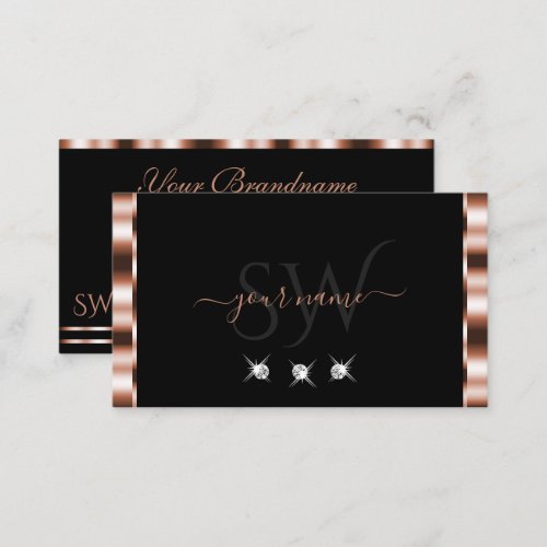 Luxury Rose Gold Black Sparkling Diamonds Initials Business Card
