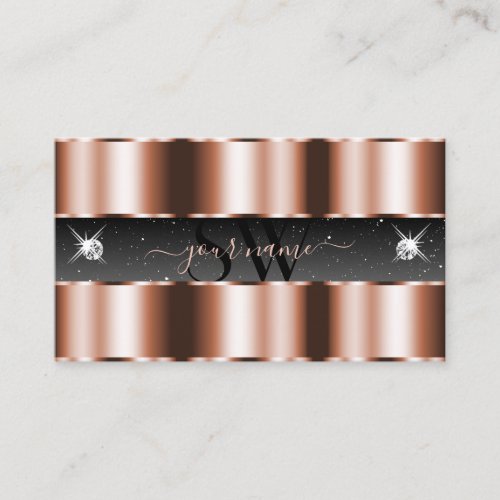 Luxury Rose Gold Black Sparkling Diamonds Monogram Business Card