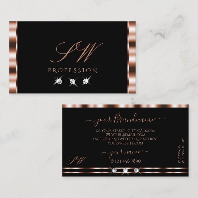 Luxury Rose Gold Black Sparkling Diamonds Monogram Business Card (Front/Back)