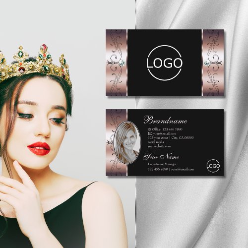 Luxury Rose Gold Black Squiggled Jewels Logo Photo Business Card