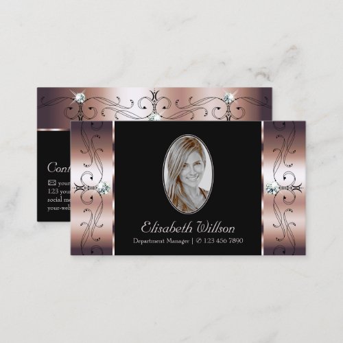 Luxury Rose Gold Black Squiggled Jewels with Photo Business Card