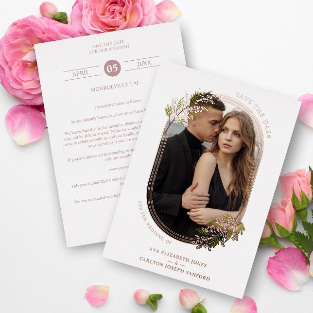 Luxury Rose Gold Branches Leaves Oval Frame Photo Foil Invitation (Creator Uploaded)