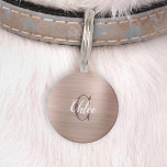 Luxury Rose Gold Brushed Metal Monogram Pet ID Tag<br><div class="desc">Treat your pet to a touch of glamour with this chic I.D. tag, featuring their name in elegant white script lettering over a dark brownish rose monogram initial, on a background of rose gold faux brushed metal. Customize the reverse with your phone number or text of your choice in white....</div>