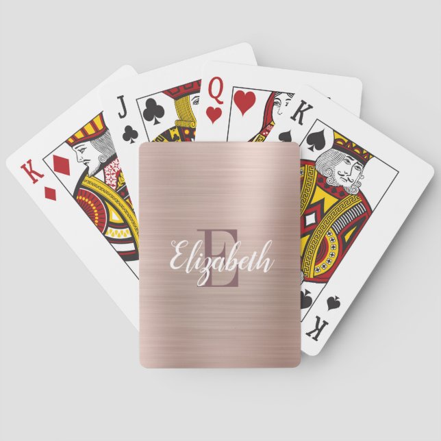 Luxury Rose Gold Brushed Metal Monogram Poker Cards (Back)