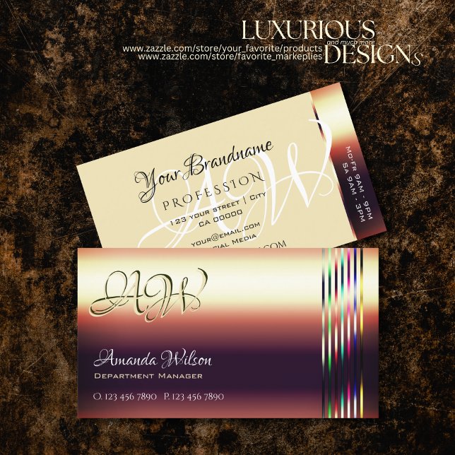 Luxury Rose Gold Colorful Shimmer Stripes Monogram Business Card (Creator Uploaded)