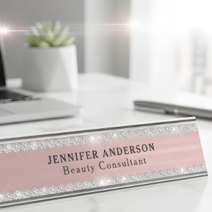 Luxury Rose Gold Diamond Border Metallic Desk Name Plate