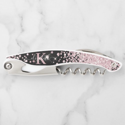 Luxury Rose Gold Diamond Glitter Confetti Monogram Waiters Corkscrew