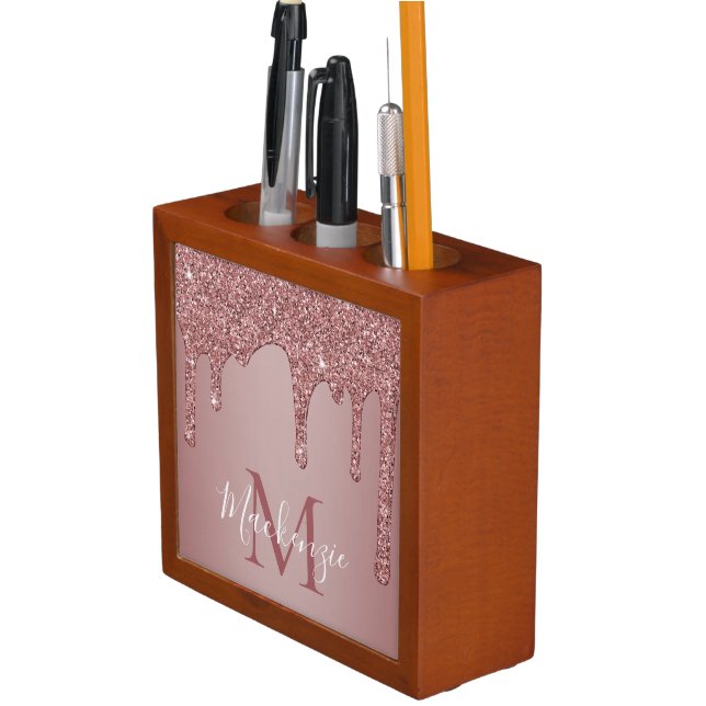 Luxury Rose Gold Dripping Glitter Monogram Desk Organizer (In Situ)