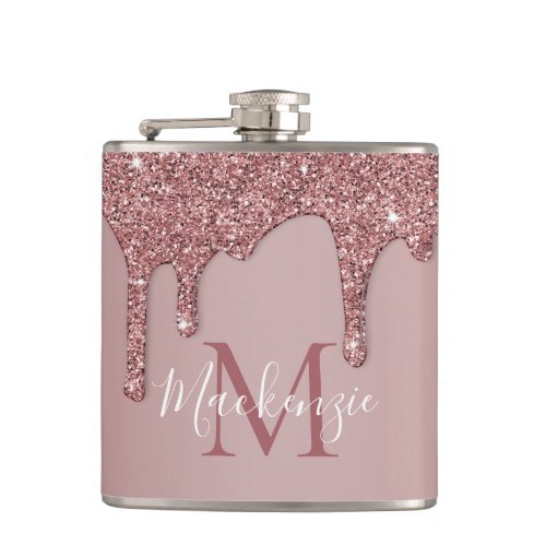 Luxury Rose Gold Dripping Glitter Monogram Flask