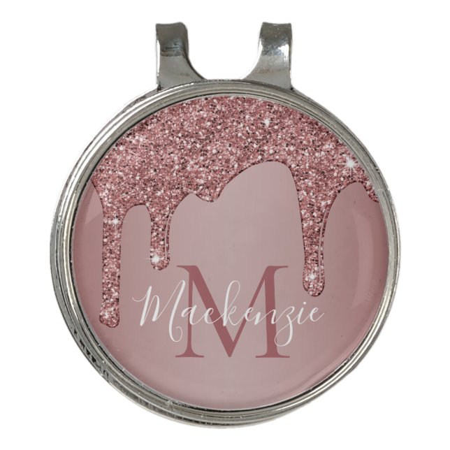 Luxury Rose Gold Dripping Glitter Monogram Golf Hat Clip (Front)