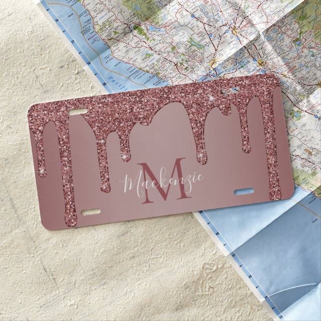 Luxury Rose Gold Dripping Glitter Monogram License Plate (In Situ)