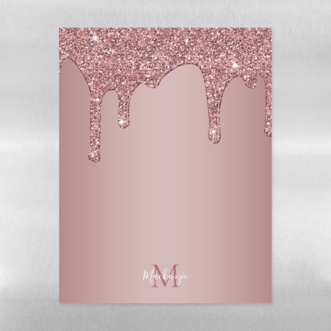 Luxury Rose Gold Dripping Glitter Monogram Magnetic Dry Erase Sheet (Vertical)