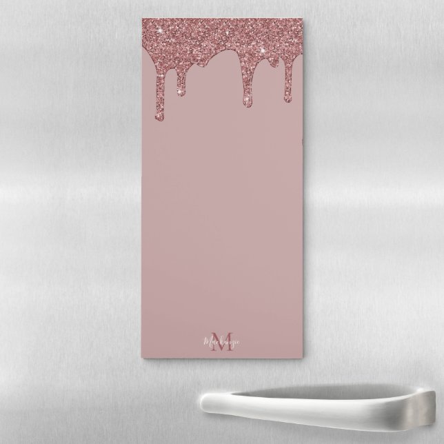 Luxury Rose Gold Dripping Glitter Monogram Magnetic Notepad (In Situ)