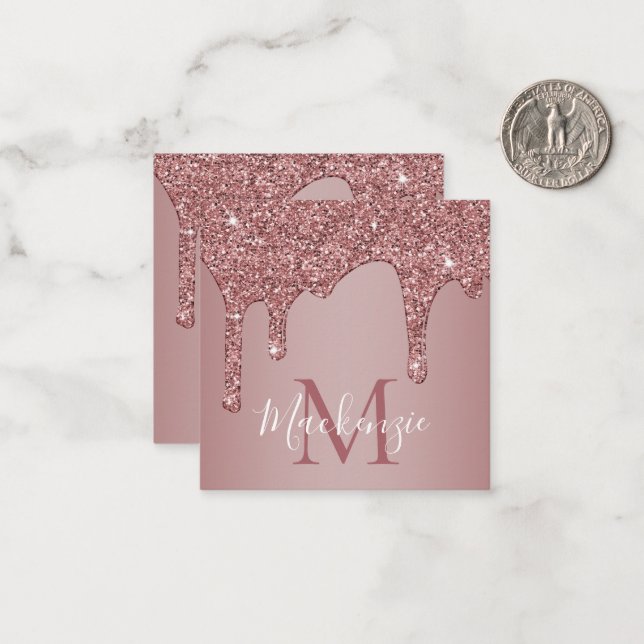 Luxury Rose Gold Dripping Glitter Monogram Note Card (Front/Back In Situ)