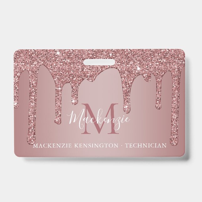 Luxury Rose Gold Dripping Glitter Monogram Photo Badge (Front)