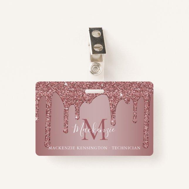 Luxury Rose Gold Dripping Glitter Monogram Photo Badge (Front with Clip)