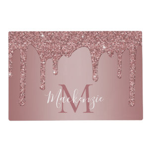 Luxury Rose Gold Dripping Glitter Monogram Placemat
