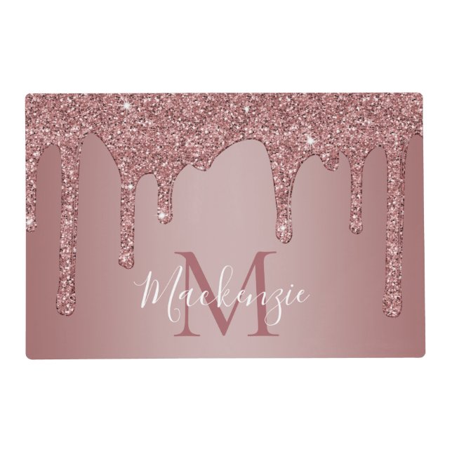 Luxury Rose Gold Dripping Glitter Monogram Placemat (Front)