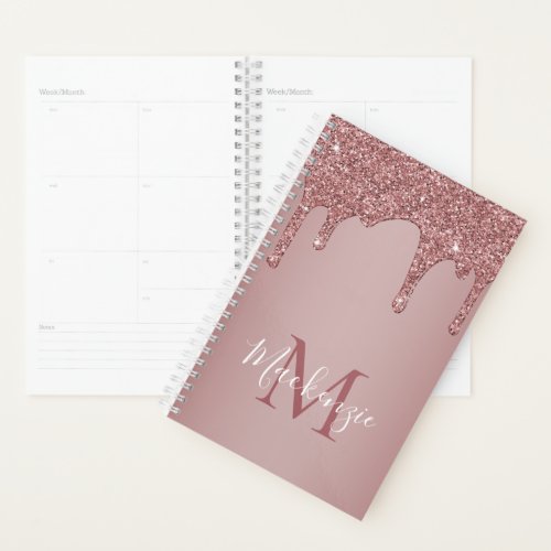 Luxury Rose Gold Dripping Glitter Monogram Planner