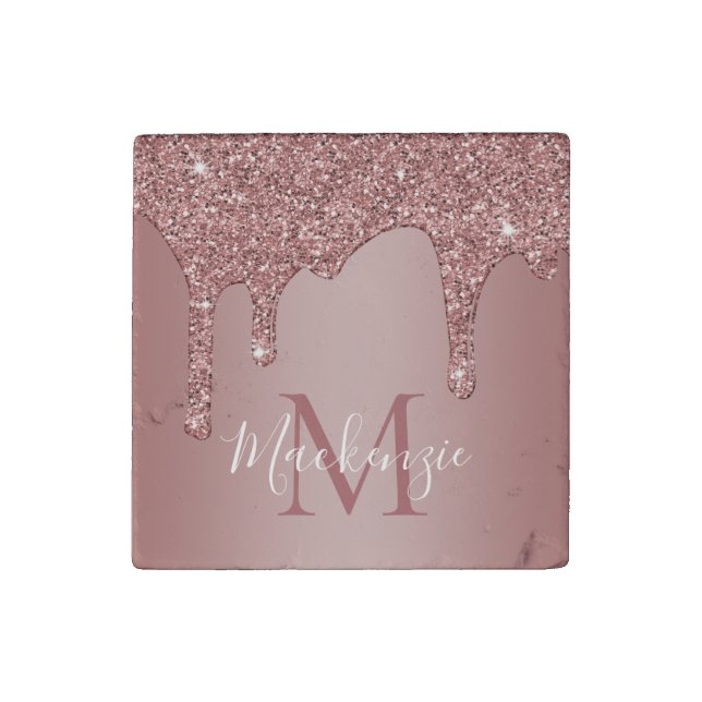 Luxury Rose Gold Dripping Glitter Monogram Stone Magnet (Front)