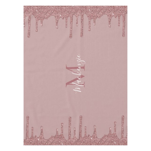Luxury Rose Gold Dripping Glitter Monogram Tablecloth (Front)