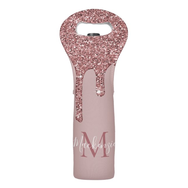 Luxury Rose Gold Dripping Glitter Monogram Wine Bag (Front)