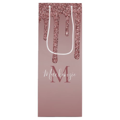 Luxury Rose Gold Dripping Glitter Monogram Wine Gift Bag