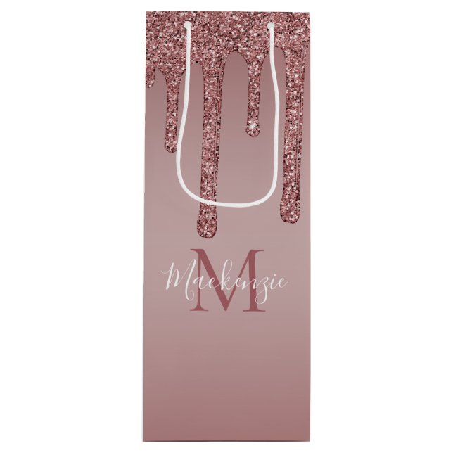 Luxury Rose Gold Dripping Glitter Monogram Wine Gift Bag (Front)