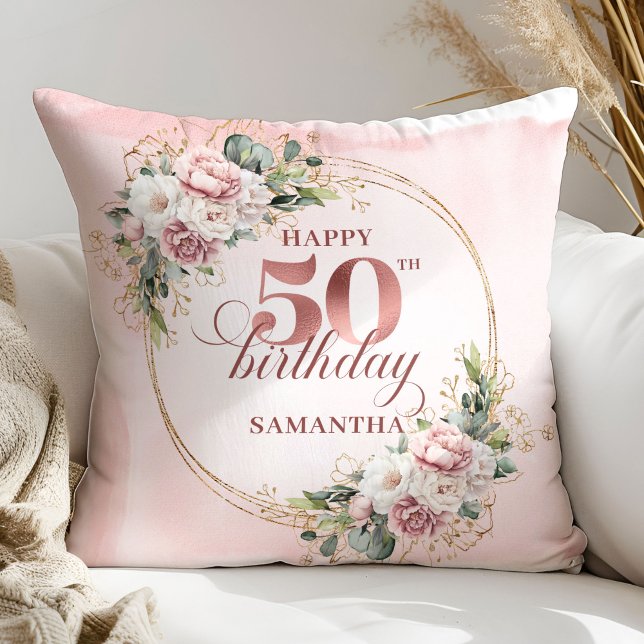 Luxury Rose Gold Floral Greenery 50th Birthday  Throw Pillow (Luxury Rose Gold Floral Greenery 50th Birthday Pillow Gift)