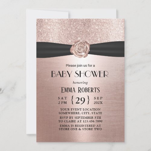 Luxury Rose Gold Flower Black Ribbon Baby Shower  Invitation